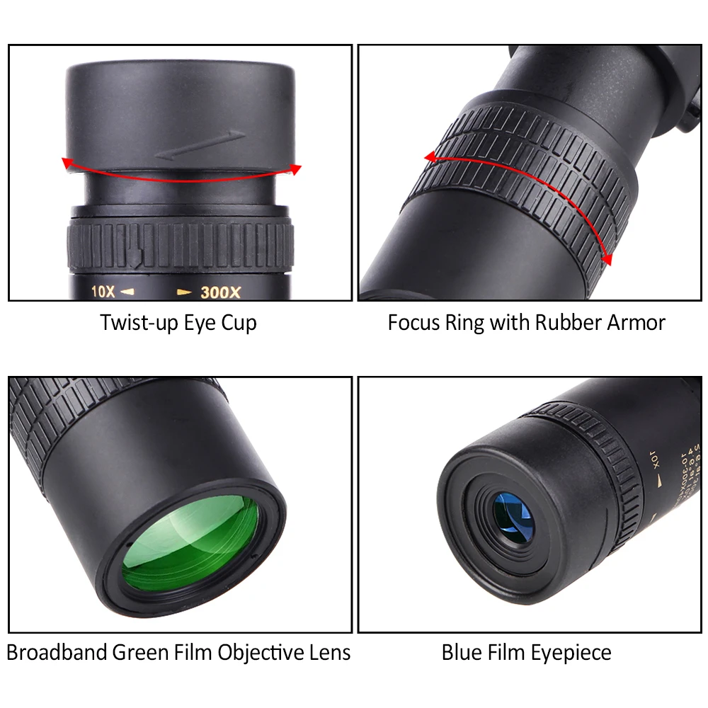 10-300X40mm BAK4 Prism Monocular Telescope Spotting Scope With Holder and Tripod for Adults Bird Watching Camping Hiking