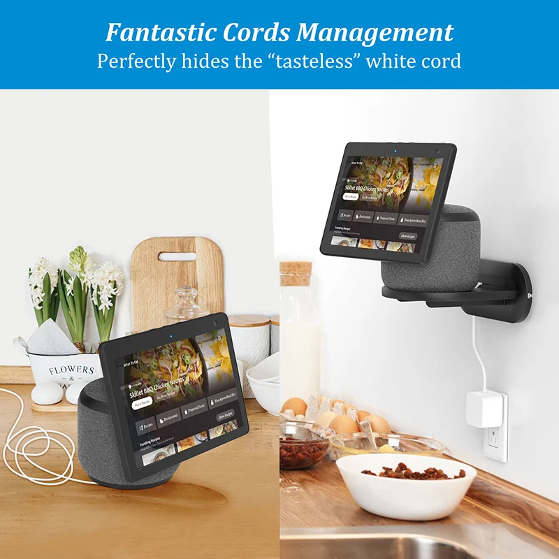 حامل PlusAcc لـ Echo Show 10 مثبت على الحائط مع حامل ملحقات مكبر الصوت المدمج لإدارة الكابلات وتوفير المساحة