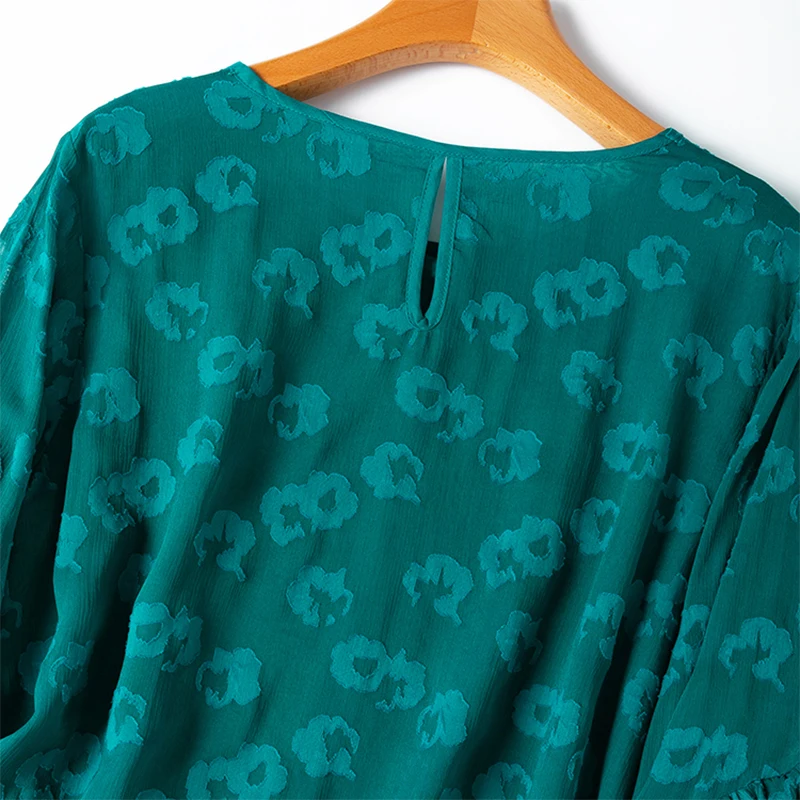 Women Silk Blouse 100% Mulberry Silk Turquoise Floral with Lining O Neck Lantern Sleeve 2024 Shirt Top Pullover L XL M1144