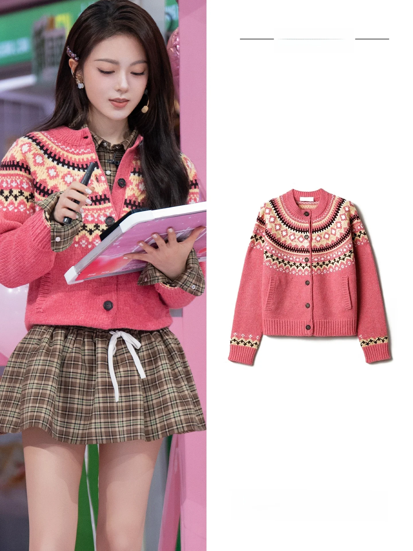 

Zhaojinmai Women's Knitted Open Cardigan Pink Fair Isle Pattern Long Sve Warm Casual Sle ort Length Cotton Blend Sweater