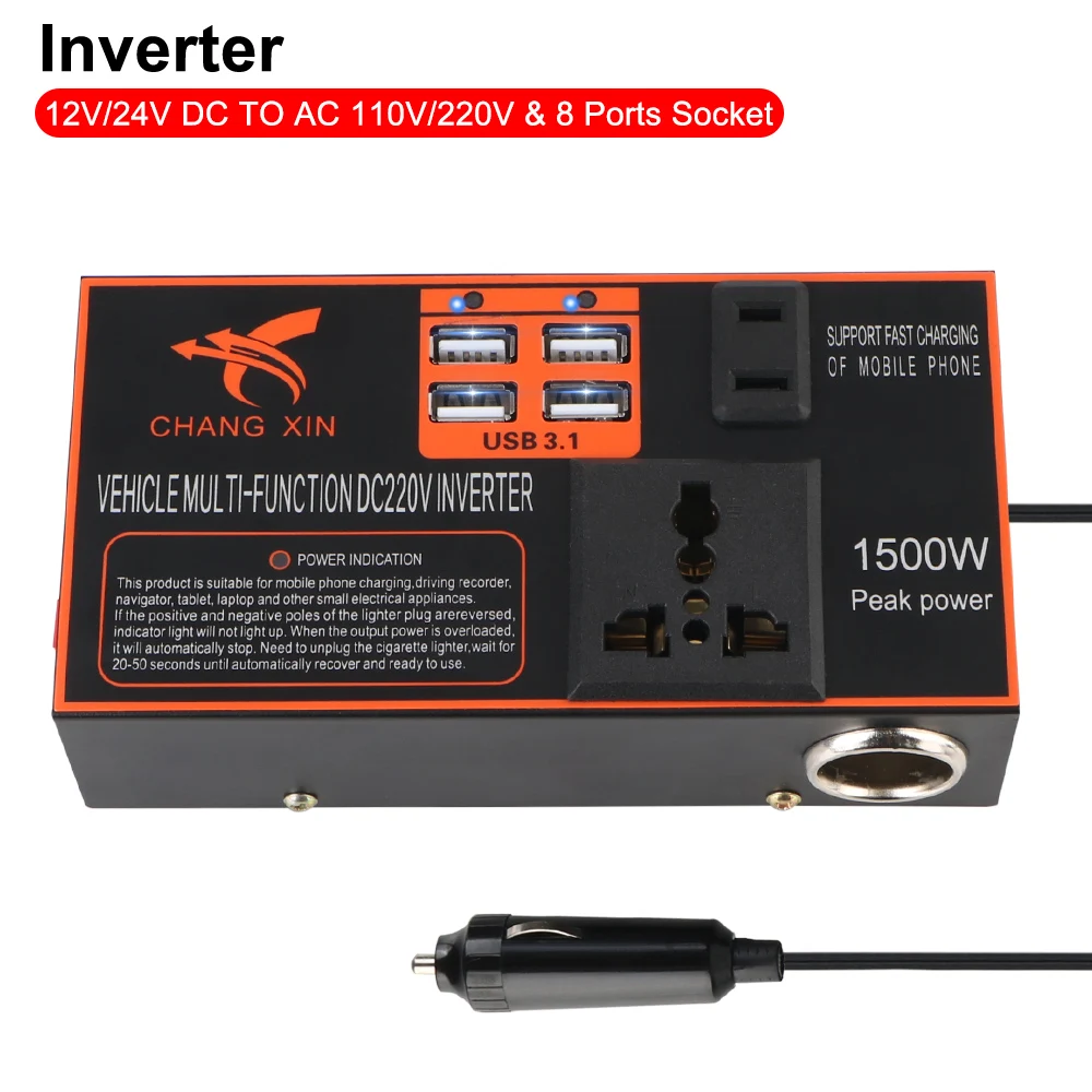 Power Adapter Converter Cigarette Lighter Socket Car Inverter USB Chargers Cigar Lighter Plug 8 Ports DC 12V/24V to AC 110V/220V