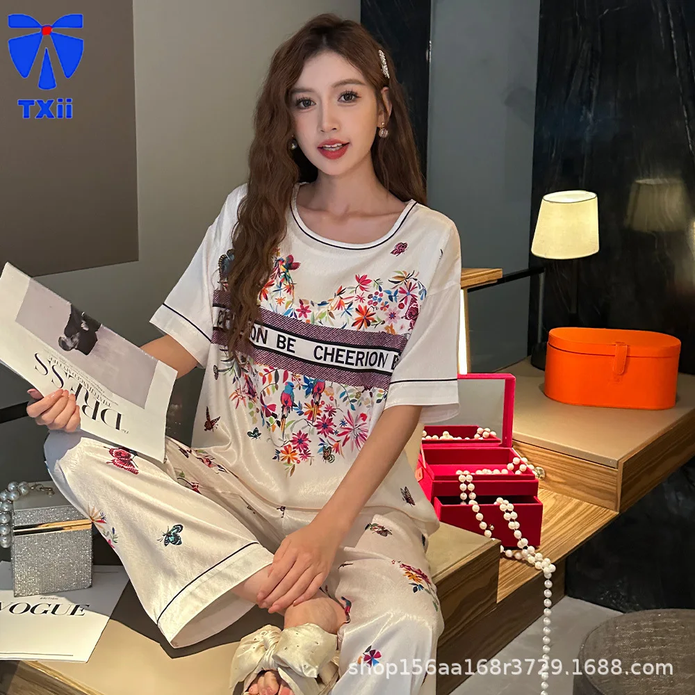 TXii Spring/Summer New Product Butterfly Luxury Short sleeved Shorts Pants with Chest Pads Ice Silk Loose Home Clothes Pajamas