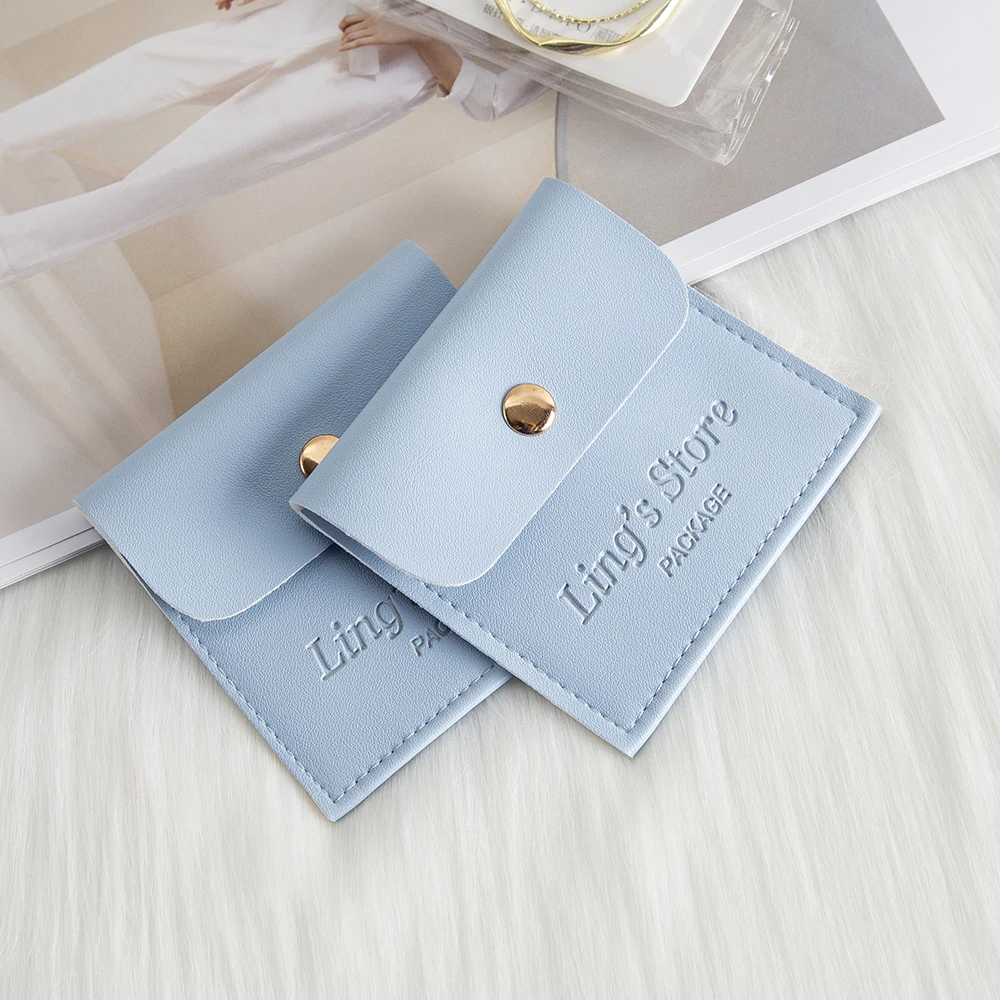 

Custom Logo 8x8cm Baby Blue PU Leather Jewelry Packaging Snap Bag Necklace Rings Bracelet Earrings Organizer Storage Gift Pouch