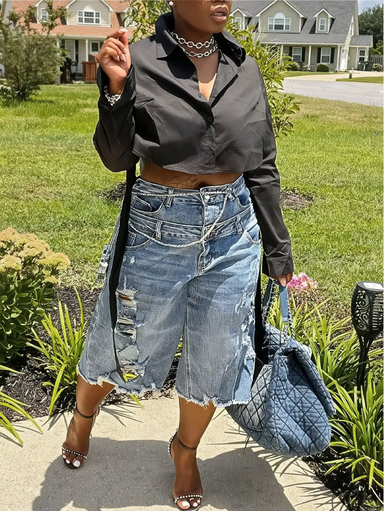 GLOURI Women's Denim Bermuda Shorts - Ripped Double Waistband Washed Blue Knee Length Jean Shorts, Non-Stretch Casual Relaxed Fit with Pockets, Perfect for Weekend Outings, Daily Leisure & Streetwear