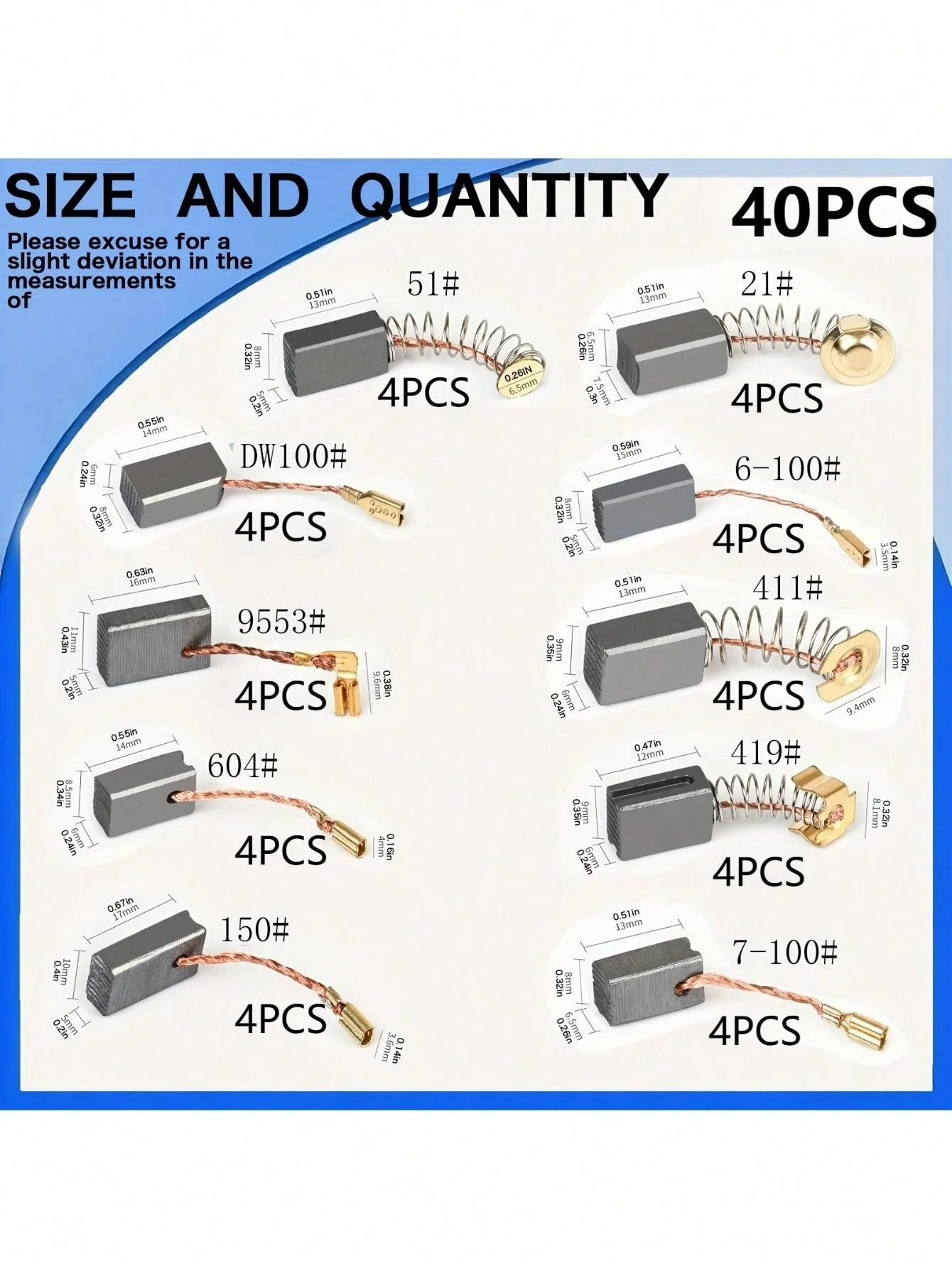 

40-Piece Carbon Brush Set, 10 Specifications - Metal, Copper Oxide Wire, Anti-Slip Grooves, Wear-Resistant - Ideal for Power Tool Repair and Maintenance