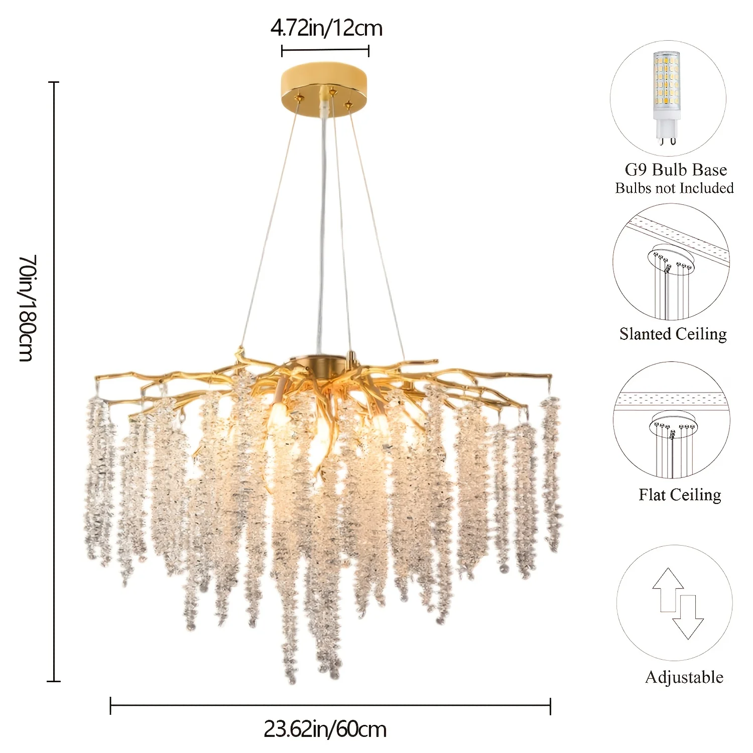 MSSIAN 9-Light Modern Luxury Chandelier - 23.7" Hanging Ceiling Fixture with Golden Tree Branch Design & Tassels