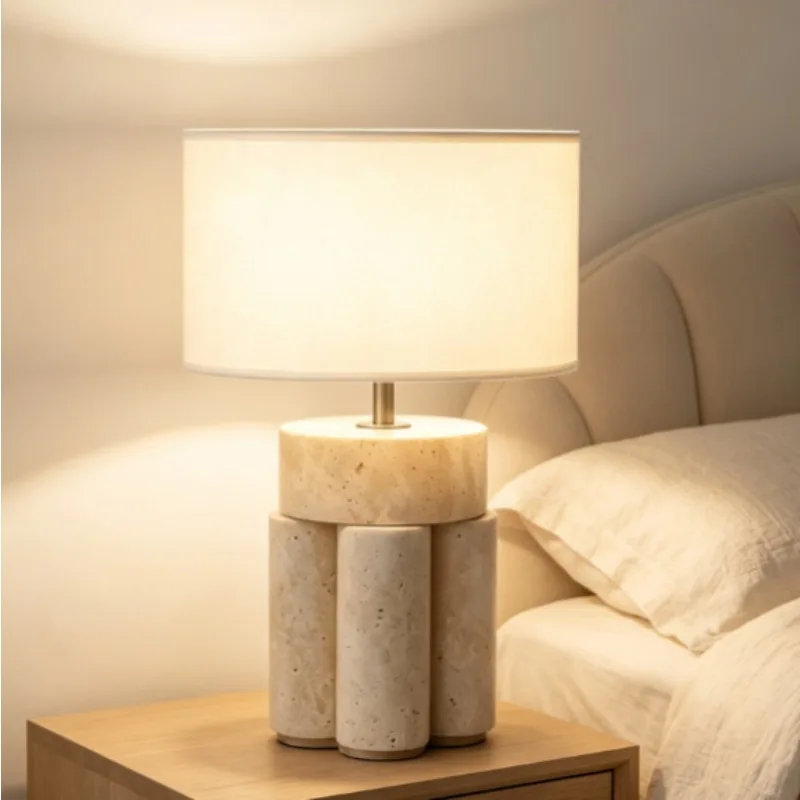 Wabi Sand cream wind cylinder marble cloth cover desk lamp, hotel bed and breakfast bedroom bedside atmosphere desk lamp