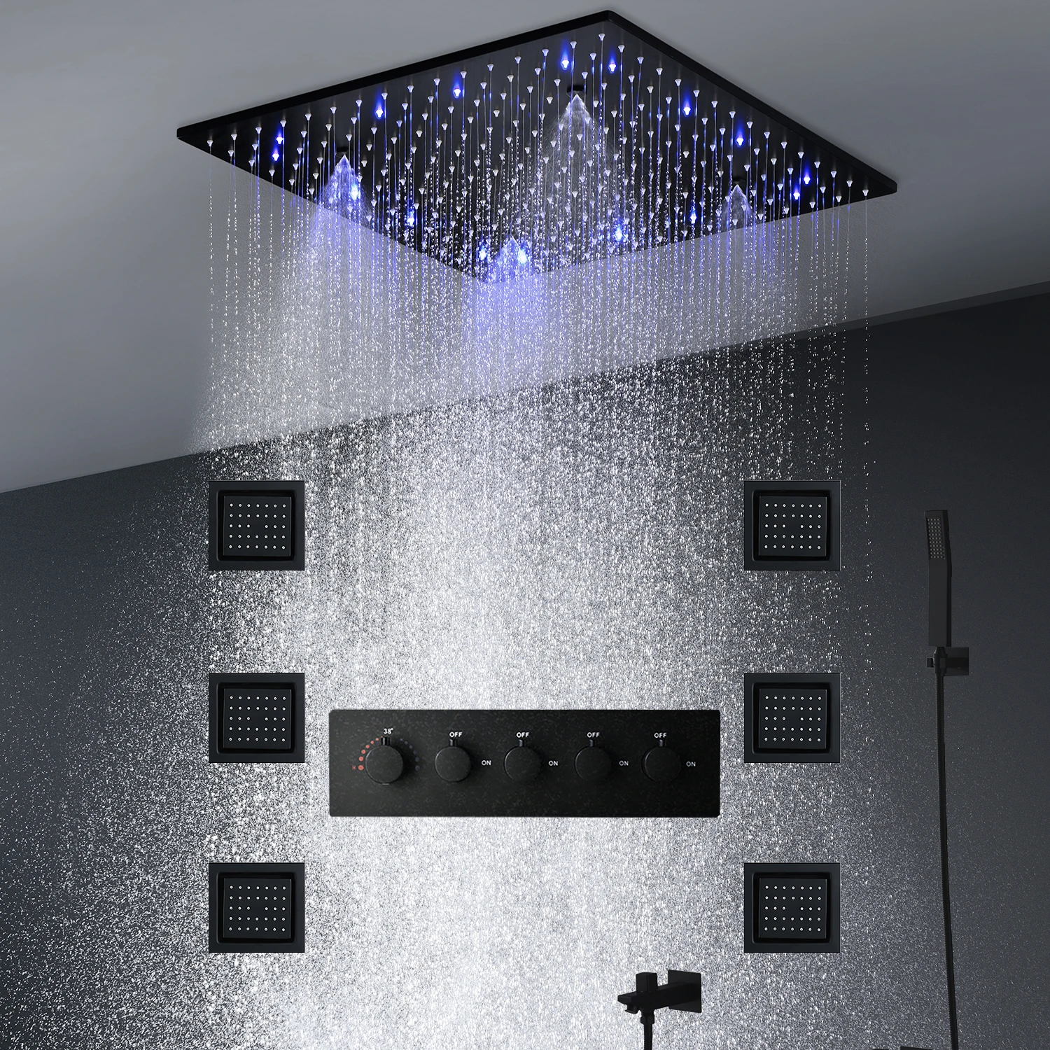 High Quality Black 20inch 50x50cm LED Shower Head Panel Faucet Set Thermostatic Valve Mixer Swithc Wall Lateral Massage Jet