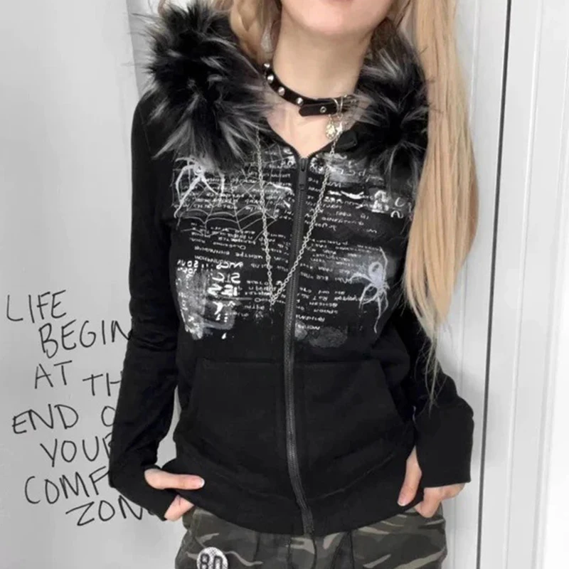 European and American Autumn and Winter Fur Collar Rhinestone Personality Vintage Zipper Coat Slimming Sweatshirt Y2k Style view 2