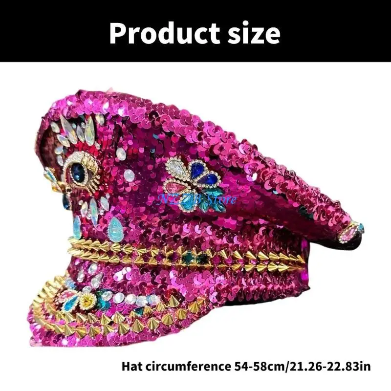 T21F Sombrero capitán con diamantes imitación coloridos incrustados con diamantes imitación para mujer, ropa fiesta,