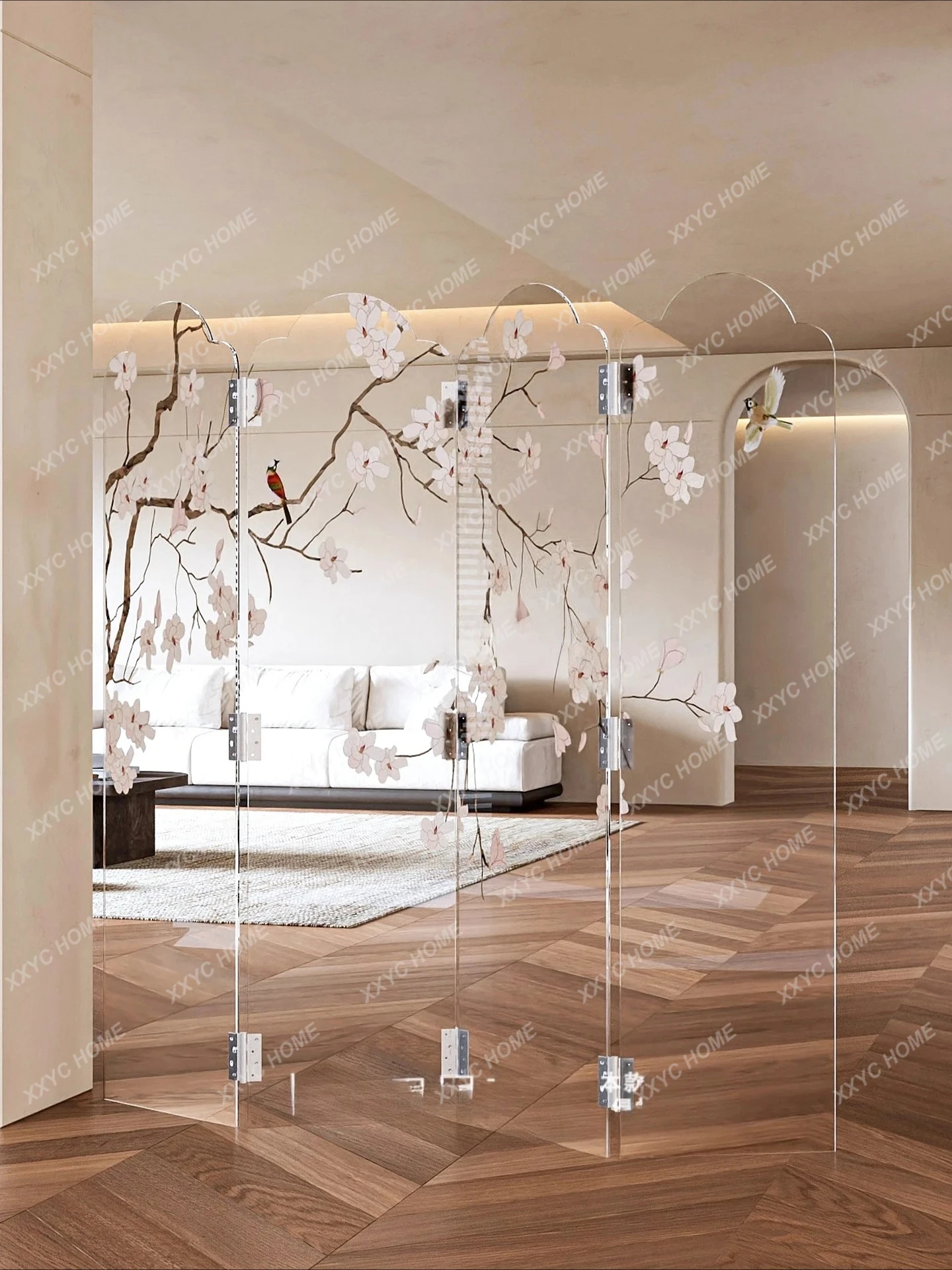ZH New Chinese acrylic screen simple living room foldable mobile blocking semi-transparent light-transmitting screen