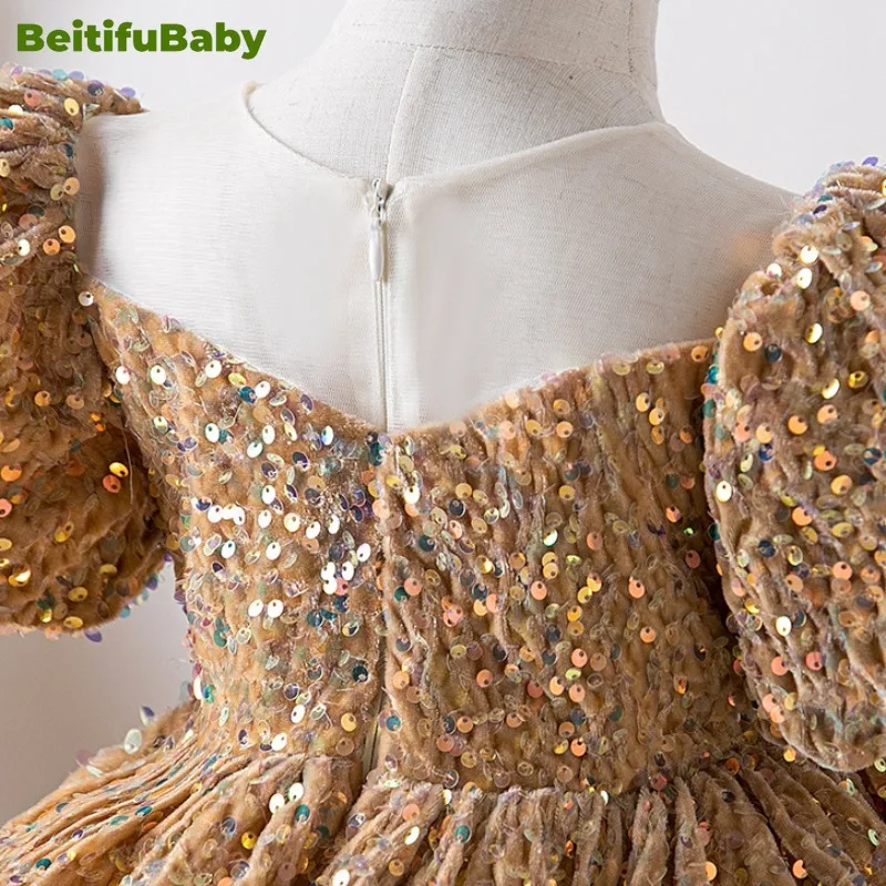 BeitifuBaby-Vestido retrô estilo princesa para meninas, vestido de baile infantil, mangas bolha, lantejoulas, vestidos de banquete, florista, festa de casamento