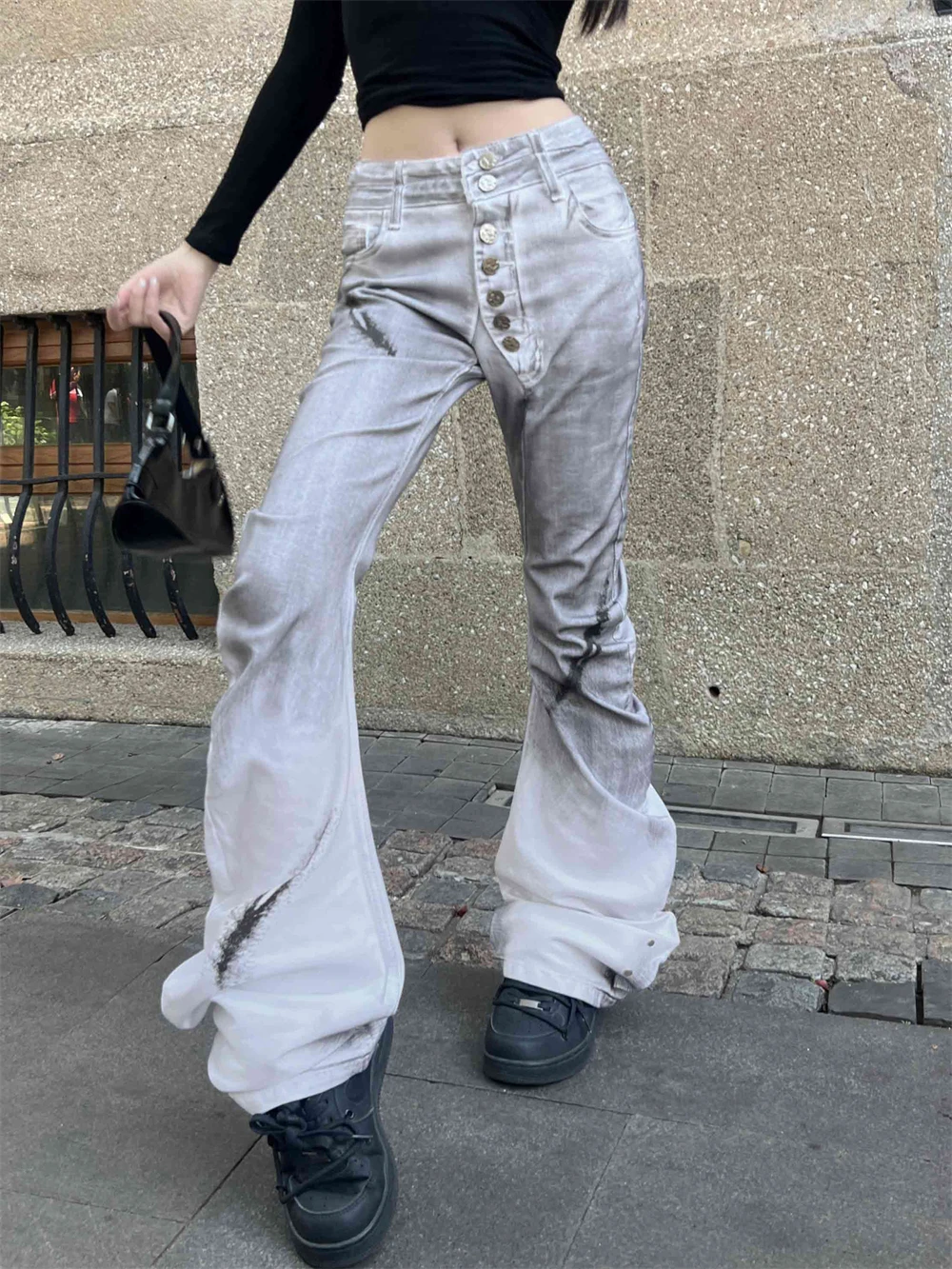 Women's Low Rise Skinny Flare Jeans Japanese Dark Academia Stacked Jeans Denim Pants Abi Y2k Goblin Core Bell Bottom Bootcut New