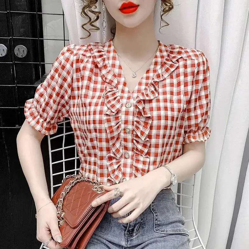 Plaid V Neck Slim Blouse Summer New Short Sleeve All-match Button Pleated Elegant Shirt Tops Tees Fashion Trend Women Clothing