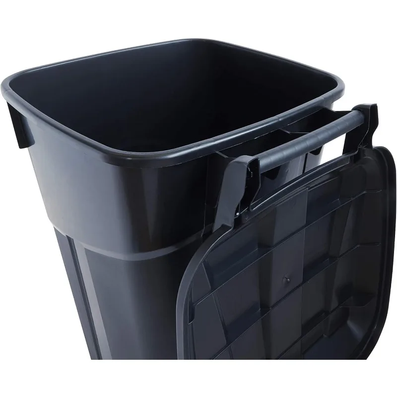 Cubo de basura para exteriores con ruedas de 32 galones, tapa de bloqueo a presión adjunta y asas de servicio pesado, negro, construcción resistente, 2 paquetes