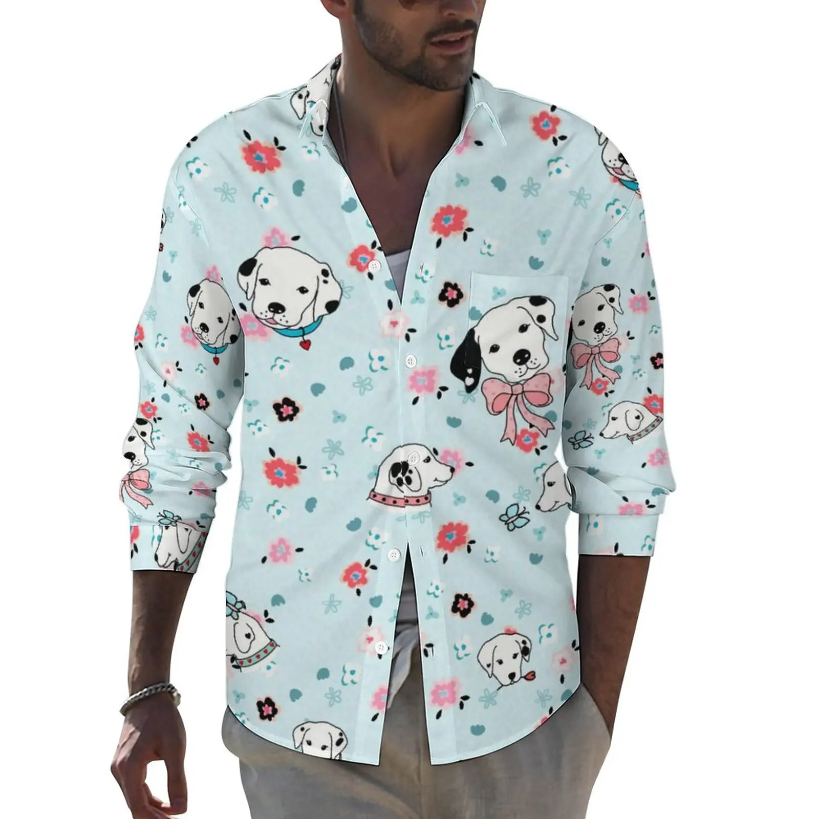 

Cute Dalmatian Puppy Shirt Man Floral Print Casual Shirts Street Custom Blouses Long Sleeve Fashion Oversized Top Birthday Gift