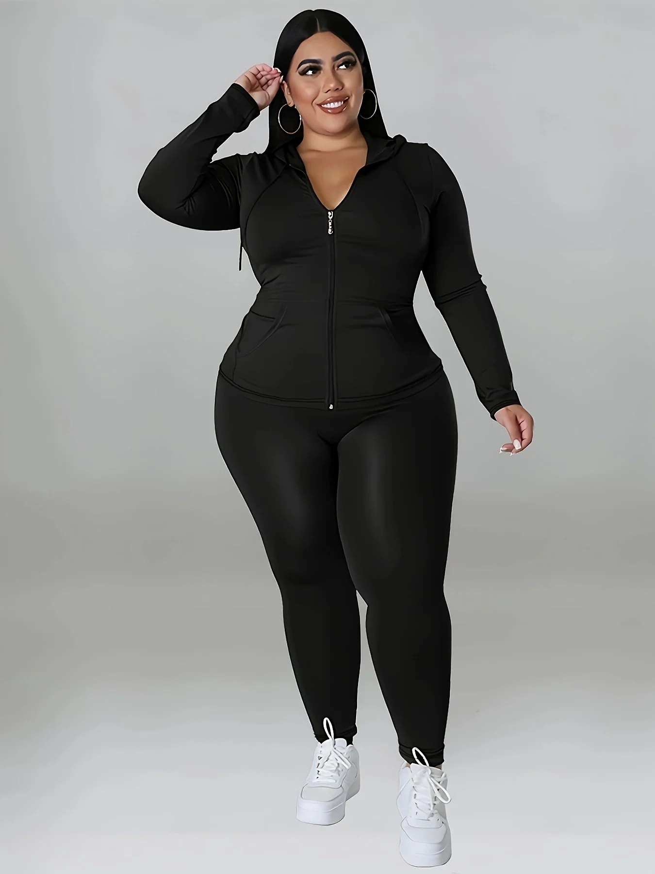Soft Stretch Solid Color Curvy Athleisure Outfit, Zip Hoodie Tracksuit With Joggers, Comfortable Casual Oversized Matching Set, Versatile All Seasons Wear For Yoga Daily Party Streetwear Activities
