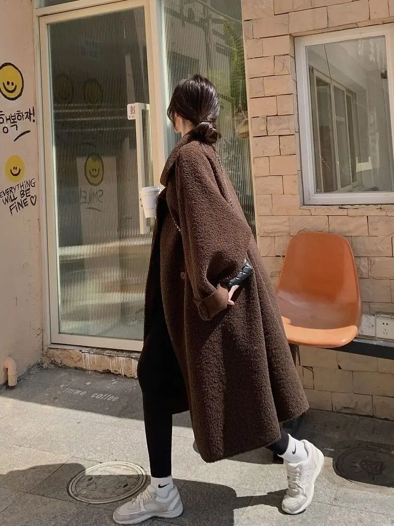 

Autumn Winter Women's Lamb Fur Jaet Medium Length Coat Casual Loose Fit Polyester Fiber Warm Thiened Long Sve Coat