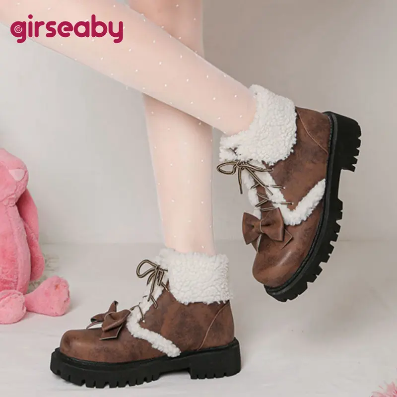 Girseaby สาวหวานข้อเท้ารองเท้าบูทรอบ Toe รองเท้าส้นสูง 4 ซม.ลูกไม้ Bowknot PLUS ขนาด 42 43 Casual Daily ผู้หญิงฤดูหนาว WARM Bota