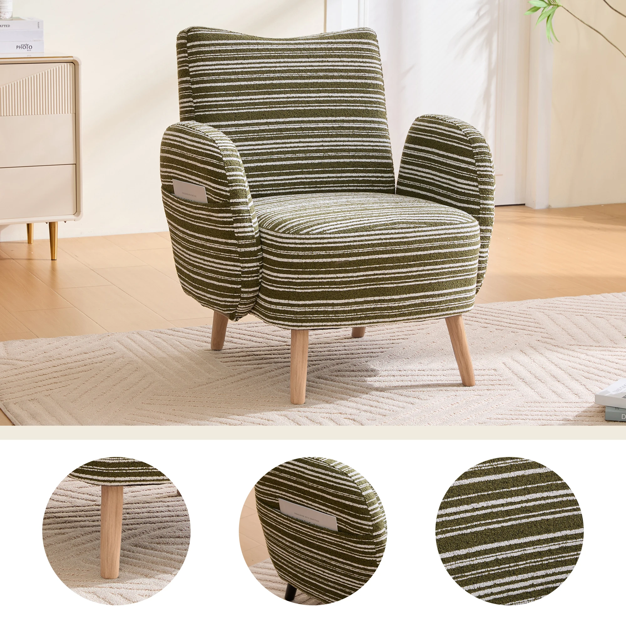 PINGGO Moderner Stoffsessel mit Seitentasche & Massivholzbeinen, Komfortabler Lesesessel für Wohnzimmer Schlafzimmer Büro – Detail 2