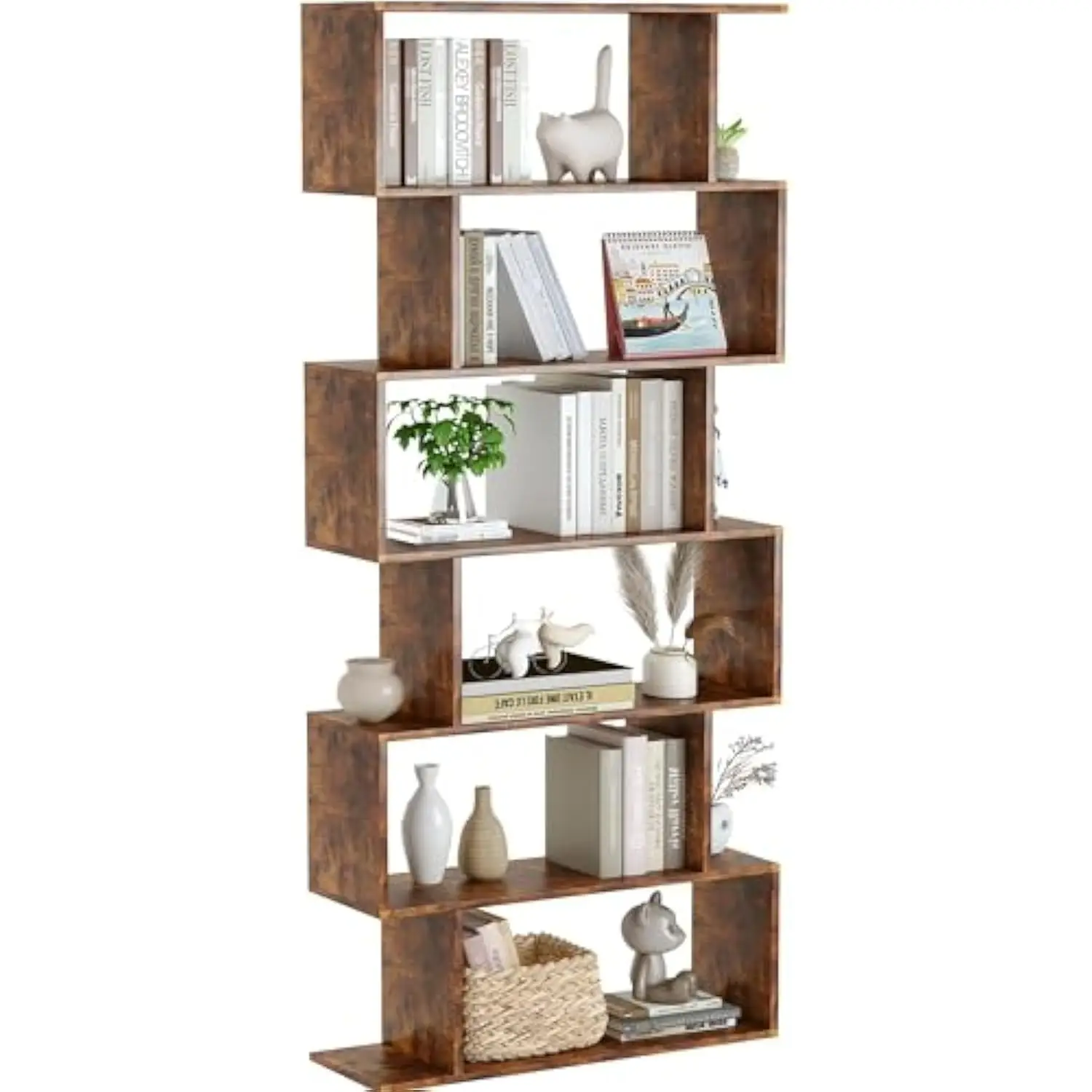 

Geometric Bookcase, Bookshelf 6-Tier S Shaped Book Shelves for Bedroom, Modern Wood Decorative Display Shelf Tall Book Case Fo