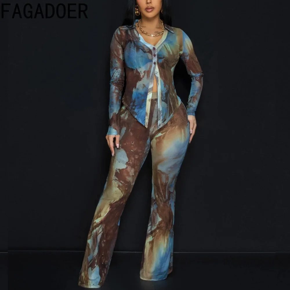 FAGADOER Printing Mesh 2 Piece Sets Women Outfit Sexy See Through V-neck Buttons Top And High Waist Flare Pants Elegant Suits