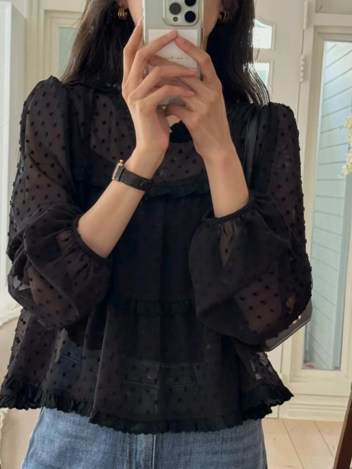 シックなラウンドネック水玉模様長袖シャツレディースインナーウェアトップス春新鮮な若々しい韓国スタイルルーズフィットブラウス