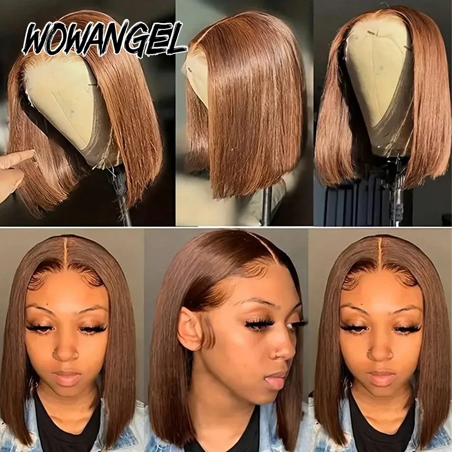Immagine 6: # 4 Parrucca frontale completa diritta marrone cioccolato Capelli umani Pre pizzicati Parrucche corte Bob 13x6 Parrucche anteriori in pizzo HD per capelli vergini da donna