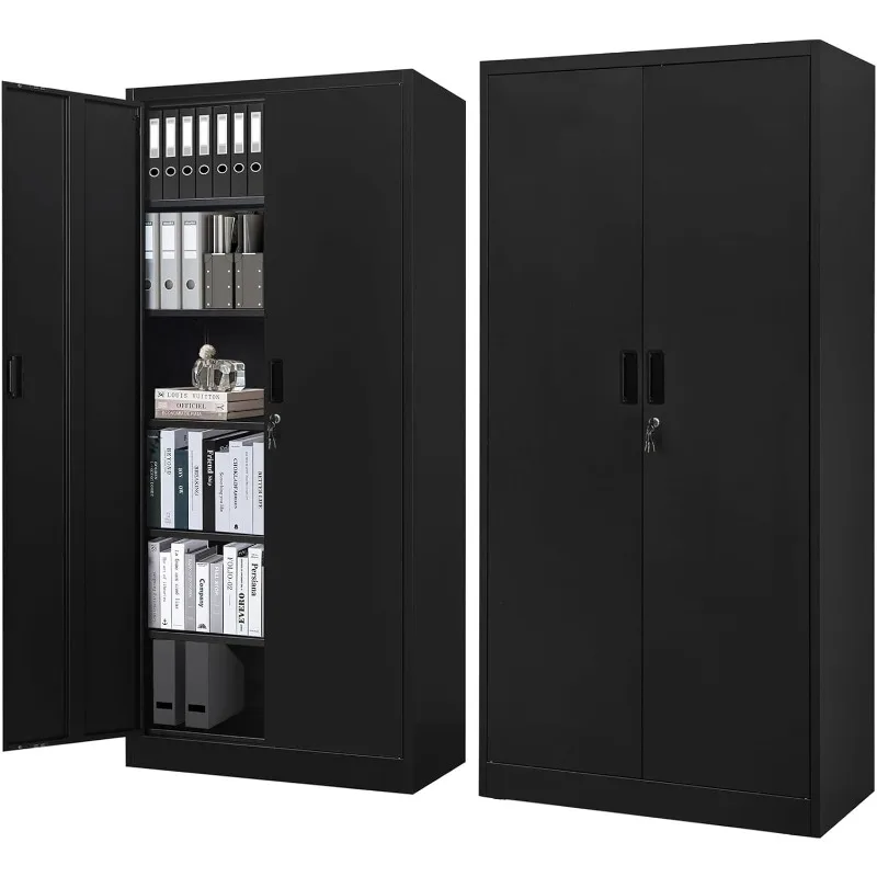 

Locking Storage Cabinet with 6 Shelves and 2 Doors, Black Garage Cabinet for Office, Classroom, Garage - Black