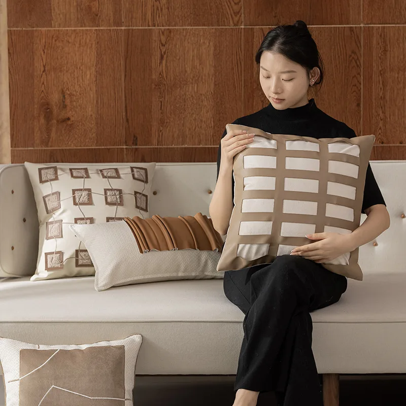 45X45CM Nordic Brown Throw Pillow Cover Modern Geometric Stamping Waist Cushion Cover Decor Home Decorative Pillowcase