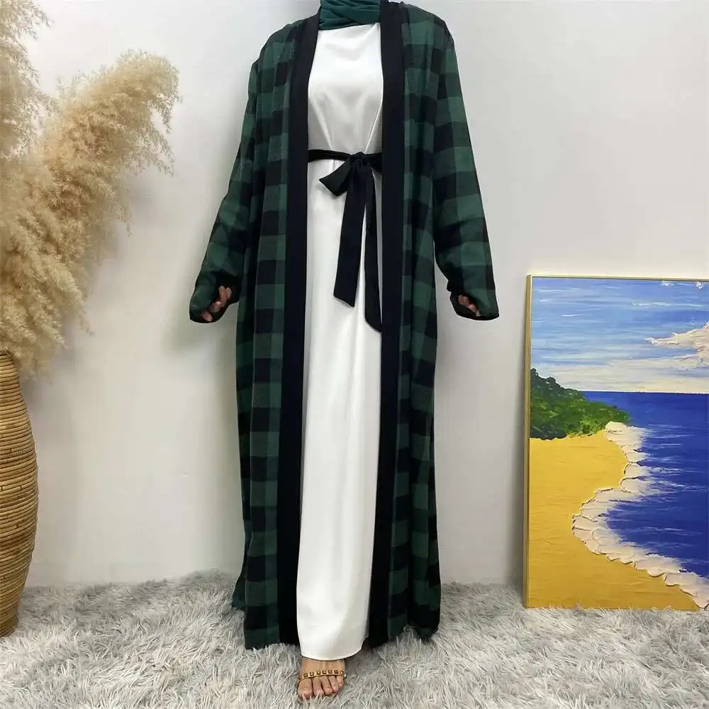 Tiktok Temu イスラム教徒スリムフィットカーディガンクリスマスチェック柄ビッグ裾ローブ 1443 ロングドレスローブアバヤラマダンドバイ高級イスラムエレガント