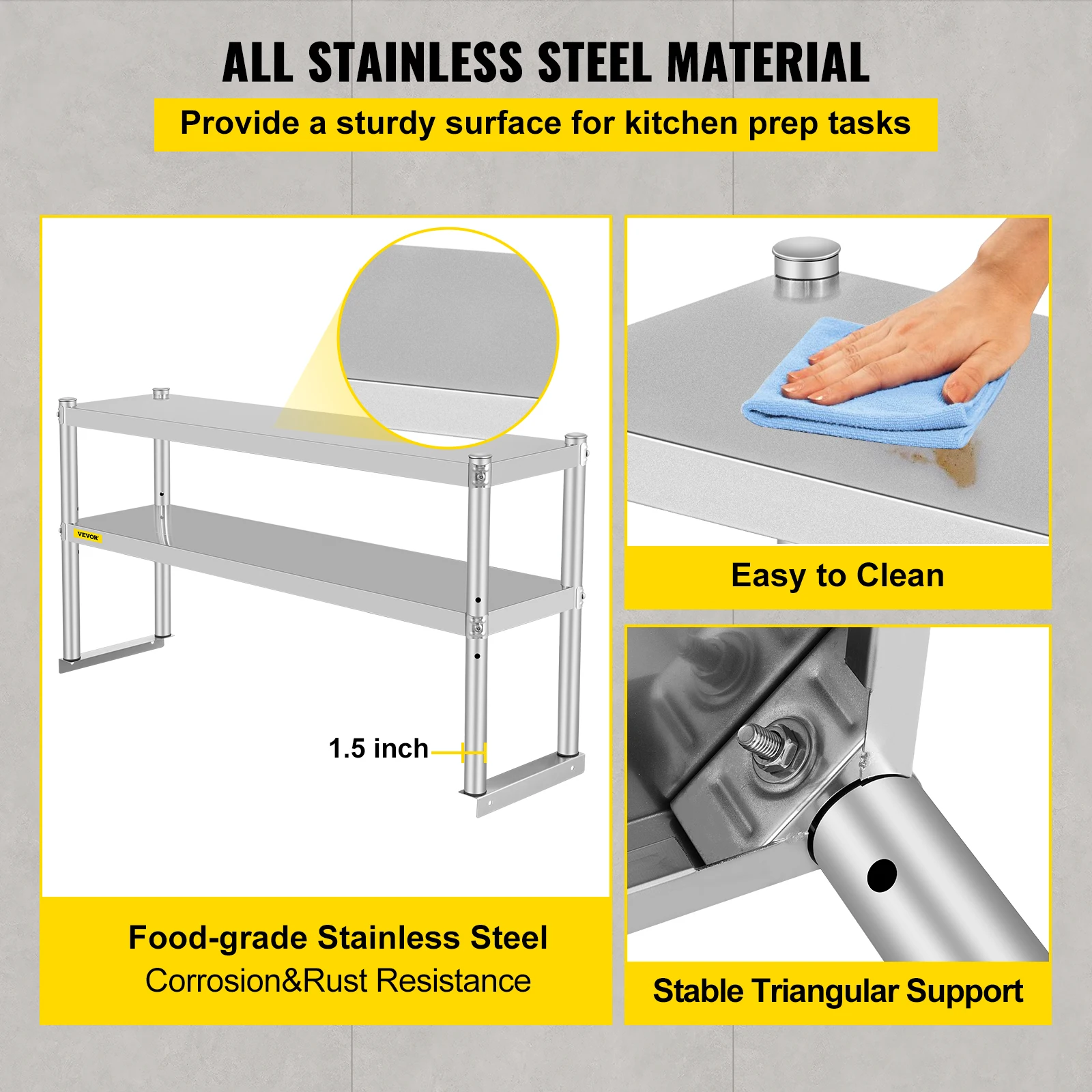 VEVOR Stainless Steel Kitchen Work Table Professional 7 Types Double Overshelf Adjustable Lower Shelf Use for Home Commercial