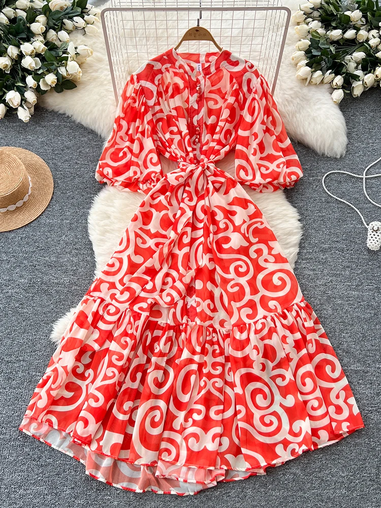 Zomer Franse chiffon jurk met korte mouwen voor dames Strandvakantie Single Breasted Lantaarn Mouw Gedrukt Lange Jurk Vrouwelijke J61