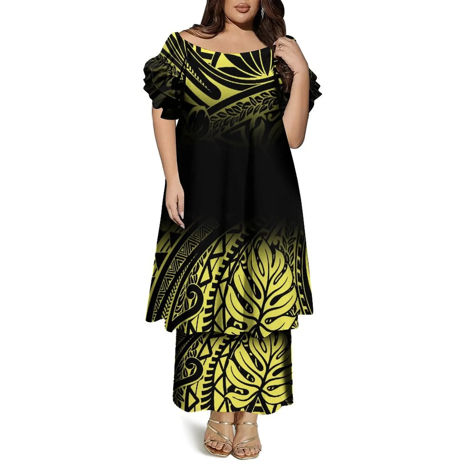 Conjunto de vestido feminino Puletasi de camada dupla com gola redonda e mangas borboleta vestido personalizado de verão polinésio