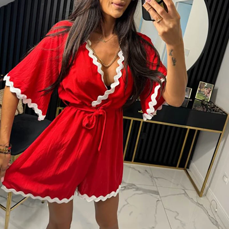 

Casual Wave Striped Patchwork Beach Playsuit New Summer Women V-neck Tie Up Shorts Jumpsuit Elegant Office Solid Pleated Romper