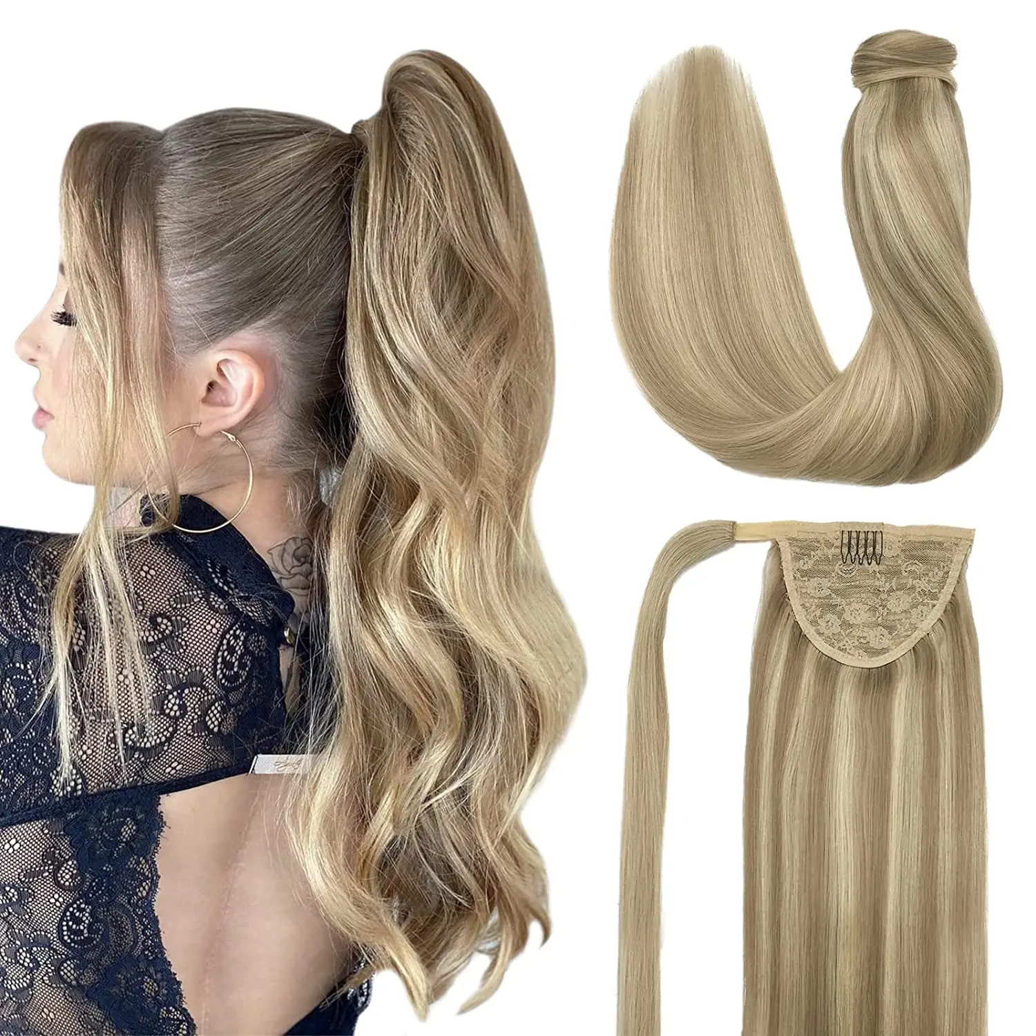 ذيل حصان مستقيم الشعر البشري التفاف حول ريمي ذيل حصان الشعر التمديد الطبيعية سميكة الشعر الحقيقي للنساء 75-90G #1