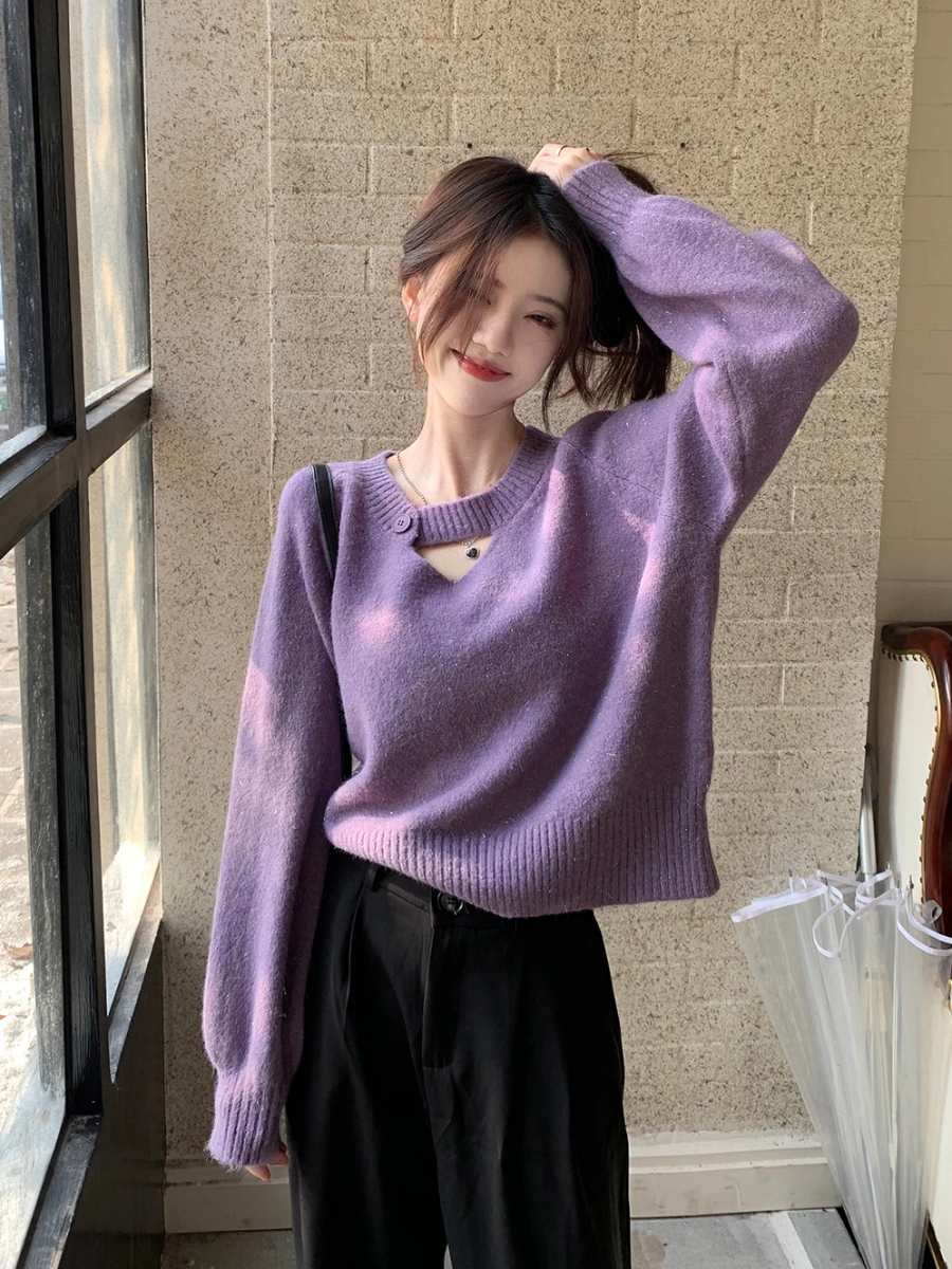 Suéter de punto grueso con diseño coreano de talla grande para mujer, top holgado adelgazante, a la moda para otoño e invierno