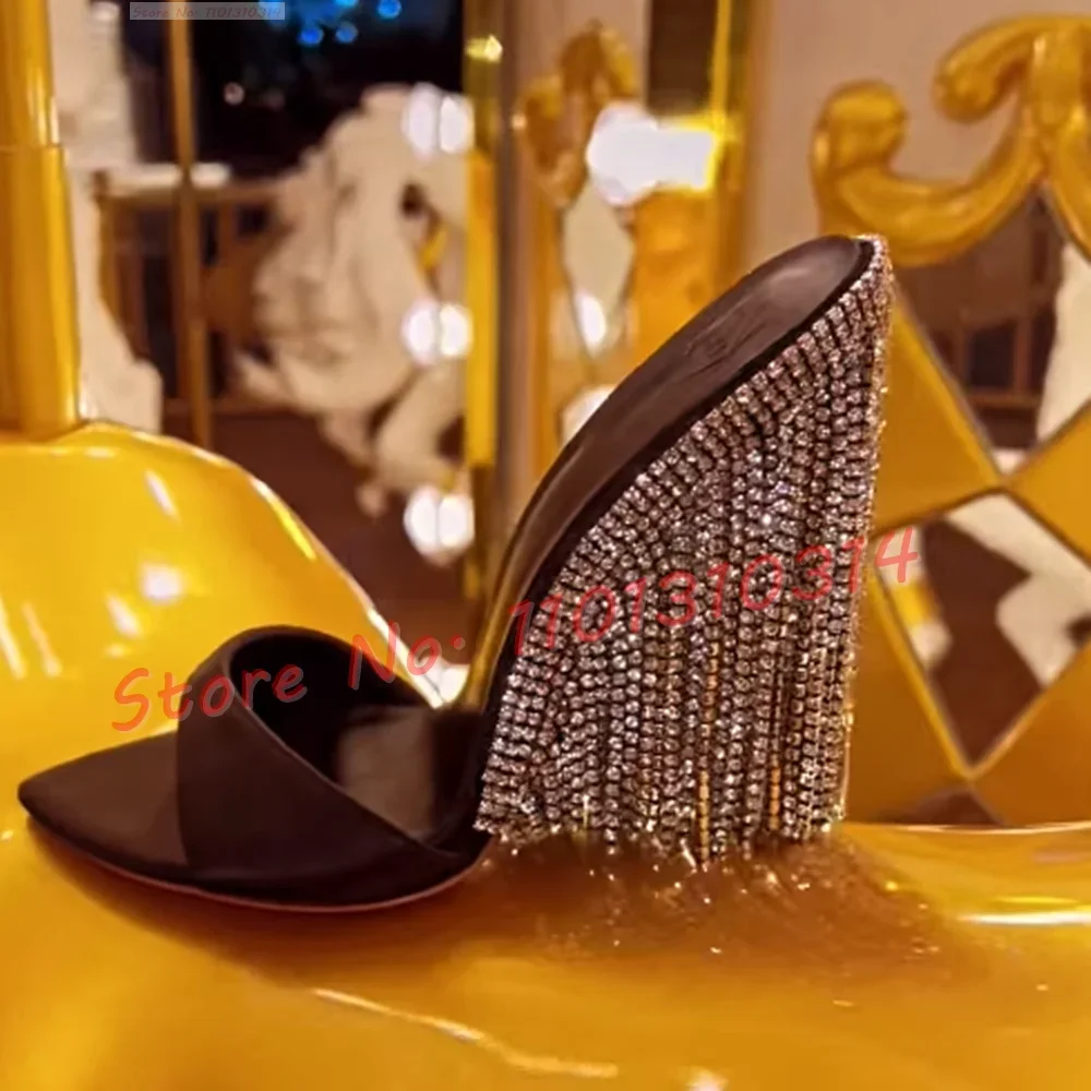 Shiny Diamond Chain Heeled Slippers Women Gorgeous Sliver Glitter High Thin Heels Shoes Open Toe Summer 2023 Sexy Ladies Slides