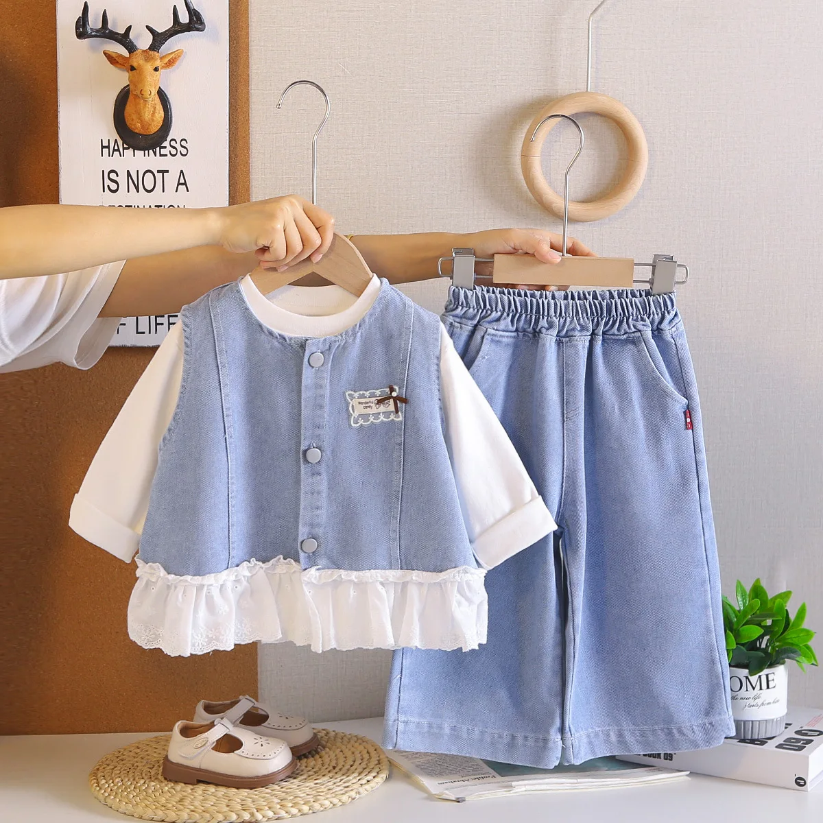 Y2K Casual Denim 3 Piece Set for Girls - Vintage Washed Sleeveless Jacket Basic White Top Wide Leg Shorts, Trendy Kids Fashion
