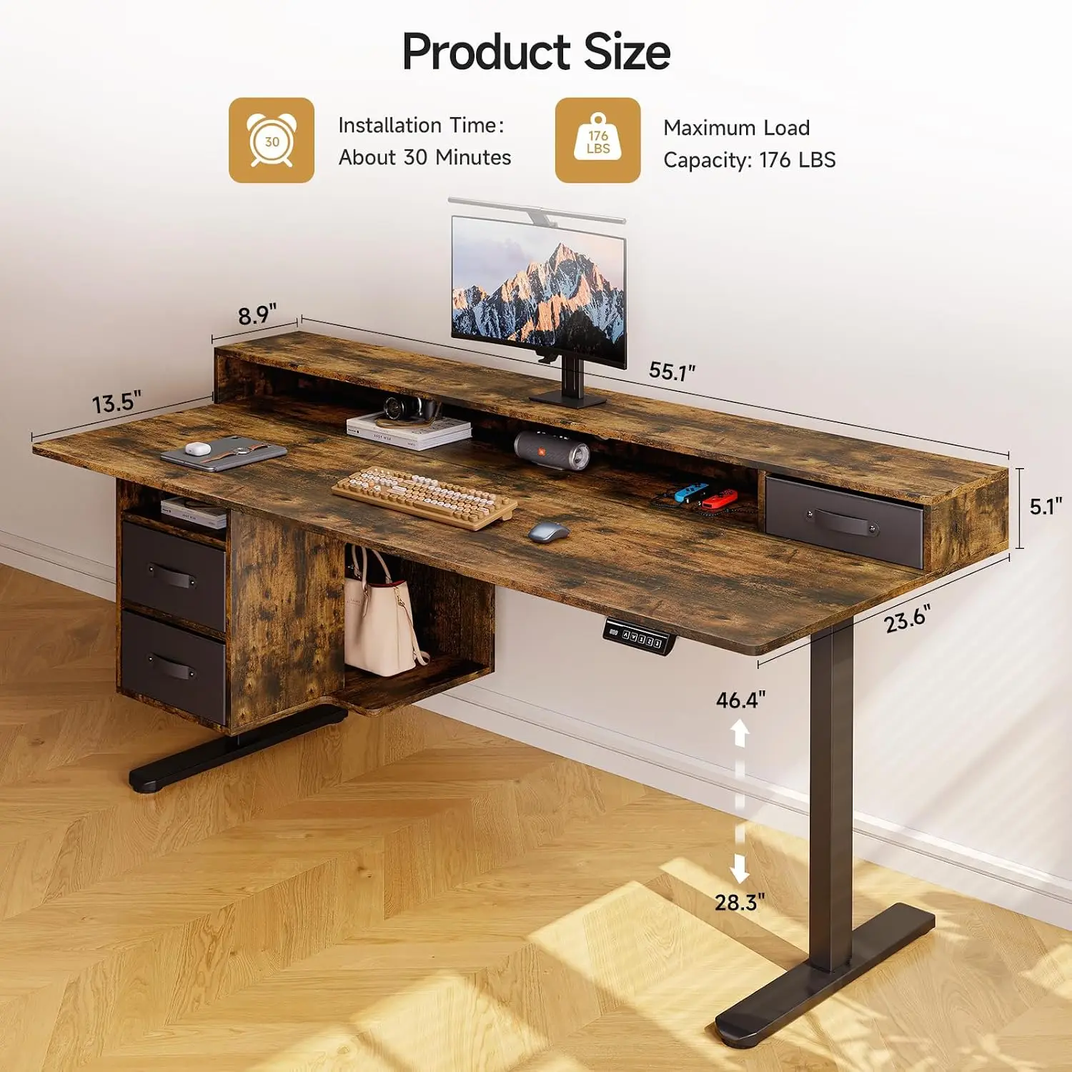 Electric Standing Desk with Drawers, 55x24 Inch Adjustable Height Desk with File Storage & Open Shelf for Home Office Workstatio