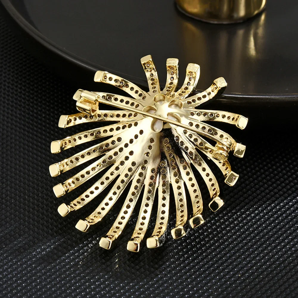 Luxurious Gold-plated Firework Pearl Brooch Full Zircon Inlaid Flower Corsage Women's Dress Decoration Accessories Jewelry