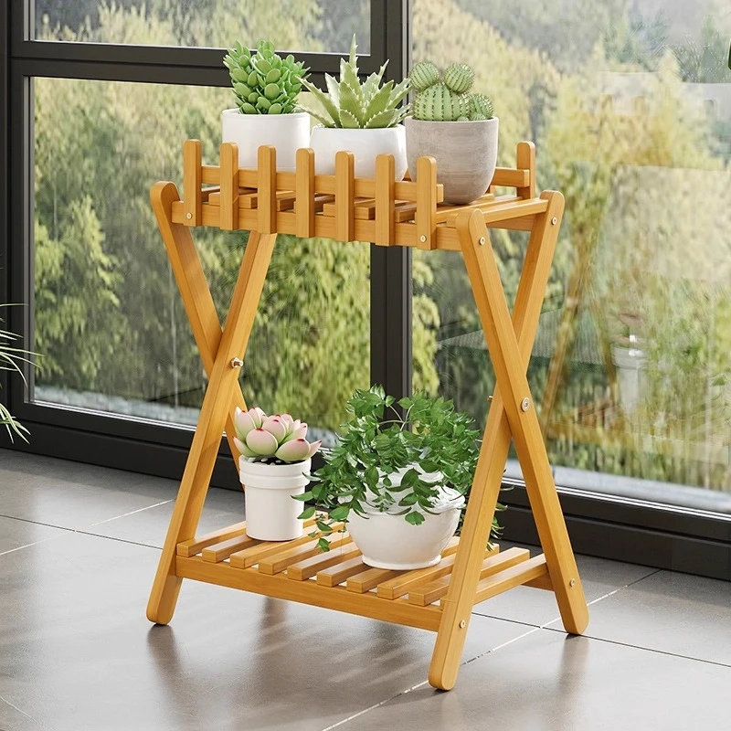 Bamboo Plant Stand with Fence, Nordic Style 2-Tier Flower Pot Shelf for Living Room, Indoor Succulent & Herb Display Rack