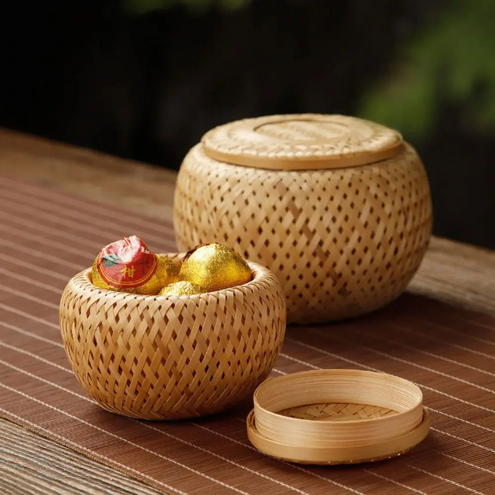 

Корзина для хранения сушеных фруктов, закусок, бамбука, двухслойная коробка для хранения, корзина для чая, настольное украшение с крышкой, плетеная корзина