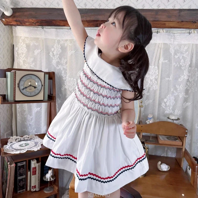 

2025 Girls Summer Clothes Vintage Navy Style Collar Dress Cotton Hand Smocked Sailor Outfit Casual Simple Matching Holiday Wear