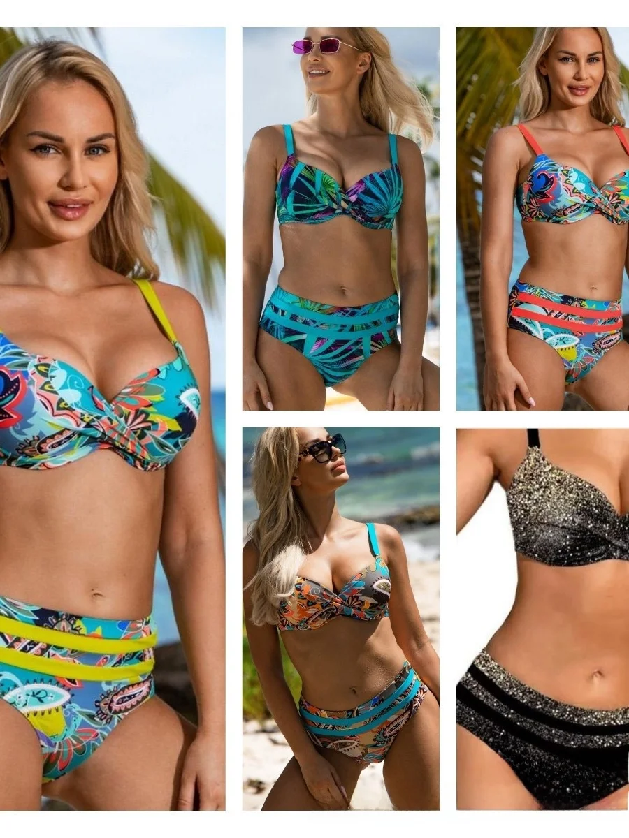 Sexy Bikini Swimsuit Women's Print Fabric High Waist Strapless Swimwear Casual Surf Style with Chest Pad No Steel Support