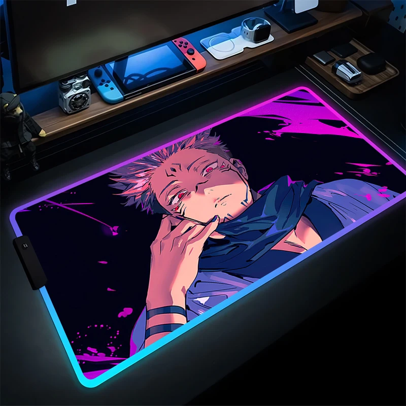 Gaming Muismat Anime RGB PC Computer J-jujutsu K-kaisen Sukuna Gamer Uitgebreide Desktop Muis Mat LED Laptop lichtgevende Muismat