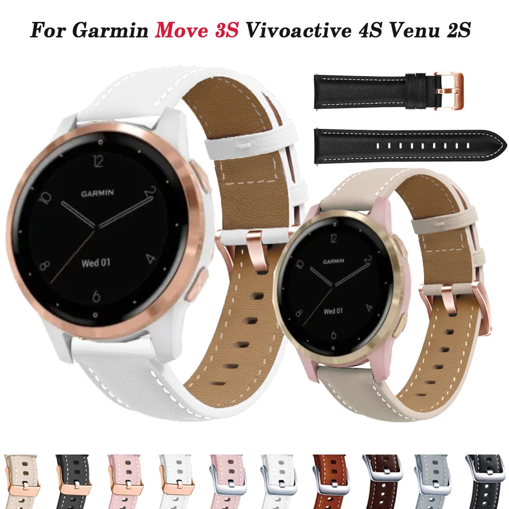 18mm Rose Gold Buckle Leather Smart Watch Strap For Garmin Vivoactive 4S 3S/Venu 2S/Rey/Forerunner 265S 255S Bracelet Wristbands