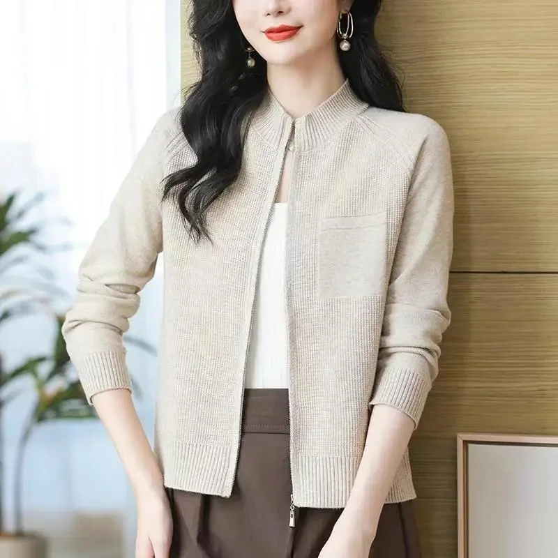 Chaqueta cárdigan para mujer primavera otoño 2025 nuevo cuello levantado prendas de punto con cremallera Joker suéter de mujer abrigo de estilo occidental Top de moda