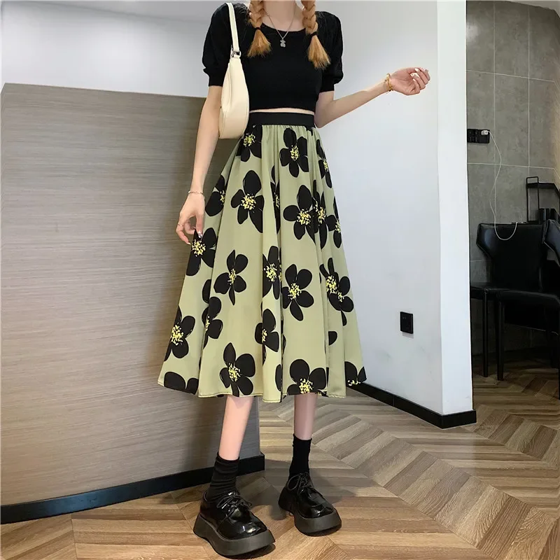 2025 Summer Women's High Waist Slimming Green Flower Skirt A-Line skirt