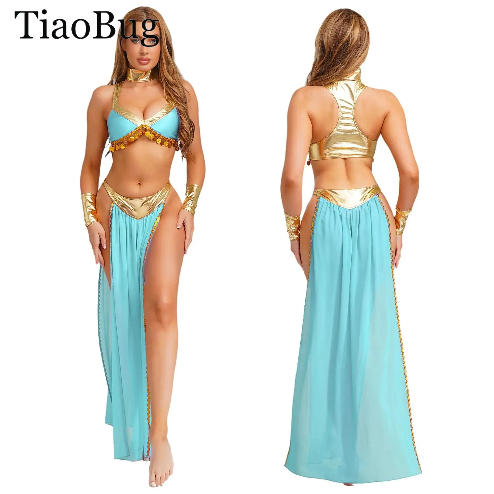 ملابس نسائية لامعة للملكة المصرية القديمة مع ياقة قصيرة مع تنورة شيفون زي رقص شرقي هندي #1